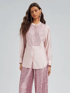 NWT Rich Radi Q's Sequin-Stitched French-Style Shirt, Blush, Sz Large MSRP $199
